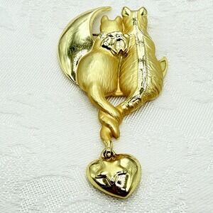 Vintage AJC Gold Tone Cat Lovers on Crescent Moon Brooch  w/ Heart Dangle Charm